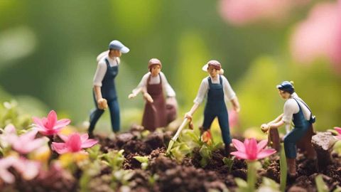 De petites figurines sur un décor de verdure