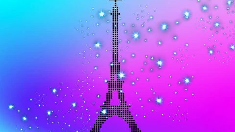 Un Tour Eiffel en pixels avec une pluie d'étoiles sur un fond rose et bleu