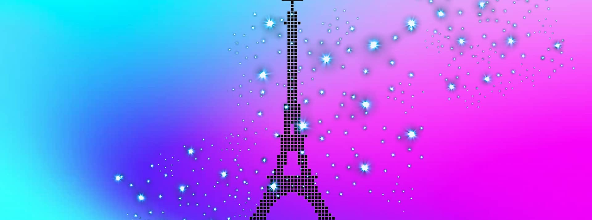 Un Tour Eiffel en pixels avec une pluie d'étoiles sur un fond rose et bleu