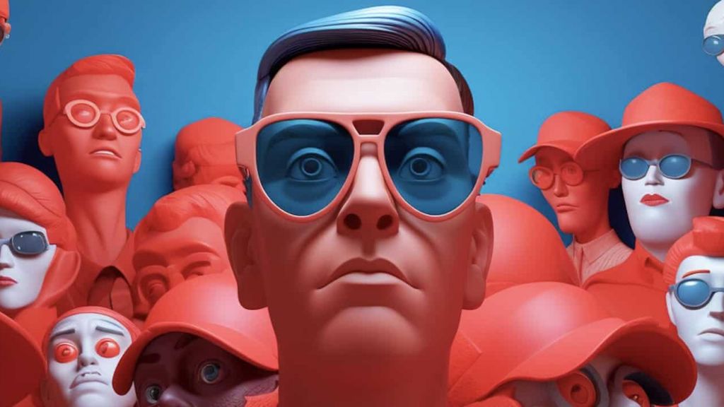 Une multitude de personnes type cartoon dont le personnage en 1er plan est très sceptique