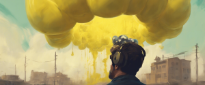 un homme avec des ecouteur regarde une bulle jaune eclater