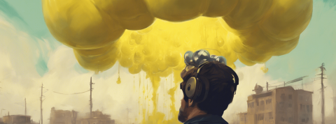 podcast un homme avec des ecouteur regarde une bulle jaune eclater
