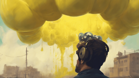 un homme avec des ecouteur regarde une bulle jaune eclater