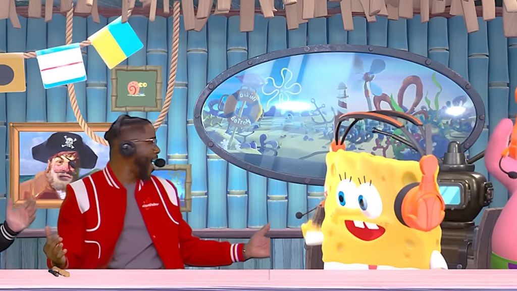 Les présentateurs du Super Bowl et Bob l'épongeSuper Bowl à Bikini Bottom, bientôt des filtres à la télé ?