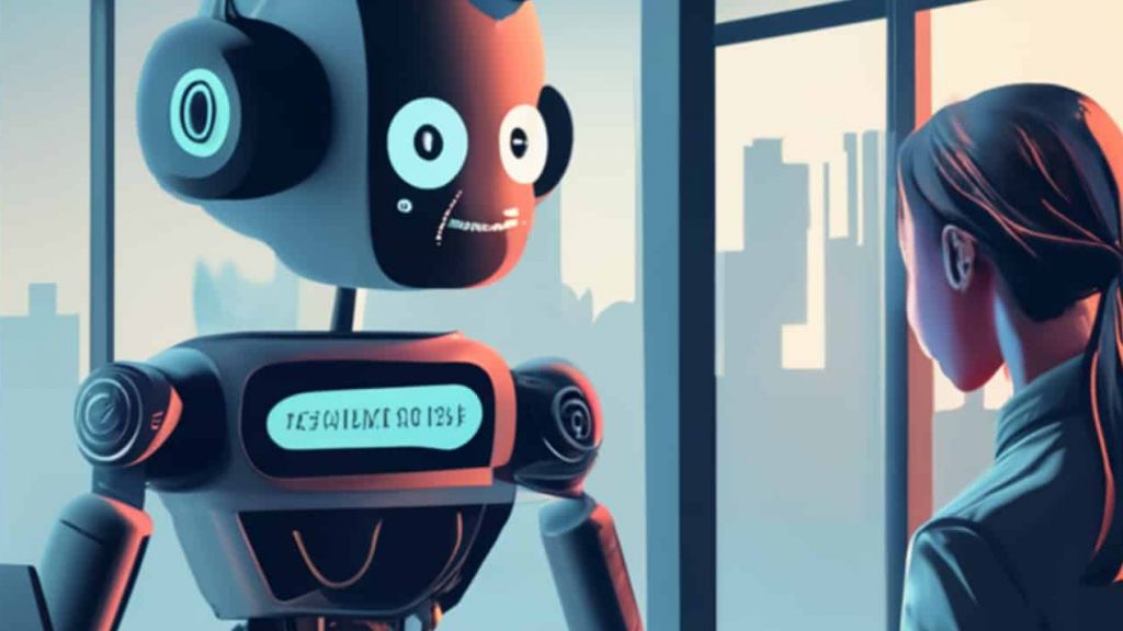 Votre prochain entretien d’embauche pourrait se faire avec un chatbot. Êtes-vous prêt ?  Illustration d'un robot qui reçoit une jeune femme pour un entretien d'embauche