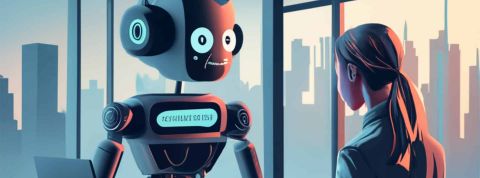Votre prochain entretien d’embauche pourrait se faire avec un chatbot. Êtes-vous prêt ? Illustration d'un robot qui reçoit une jeune femme pour un entretien d'embauche