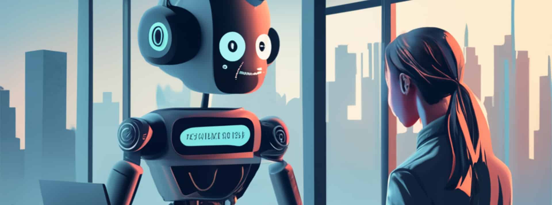 Votre prochain entretien d’embauche pourrait se faire avec un chatbot. Êtes-vous prêt ? - L'ADN Illustration d'un robot qui reçoit une jeune femme pour un entretien d'embauche