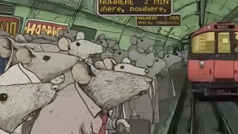 Illustration d'un quai du métro avec des rats en costumes