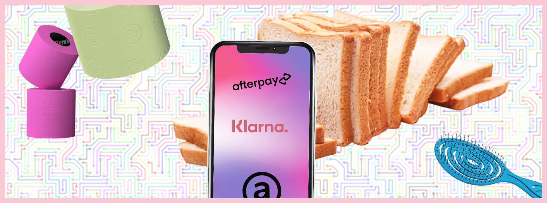 Acheter maintenant, payer plus tard : la nouvelle manière d'acheter PQ et pain de mie - L'ADN Un smartphone avec les logos des applis d'achat et du pain de mie, du papier toilette de couleur, une borsse à cheveux