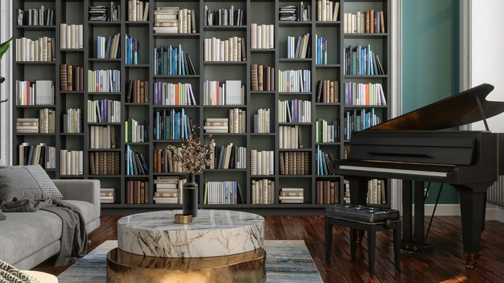 Un intérieur au luxe moderne, avec une très belle bibliothèque