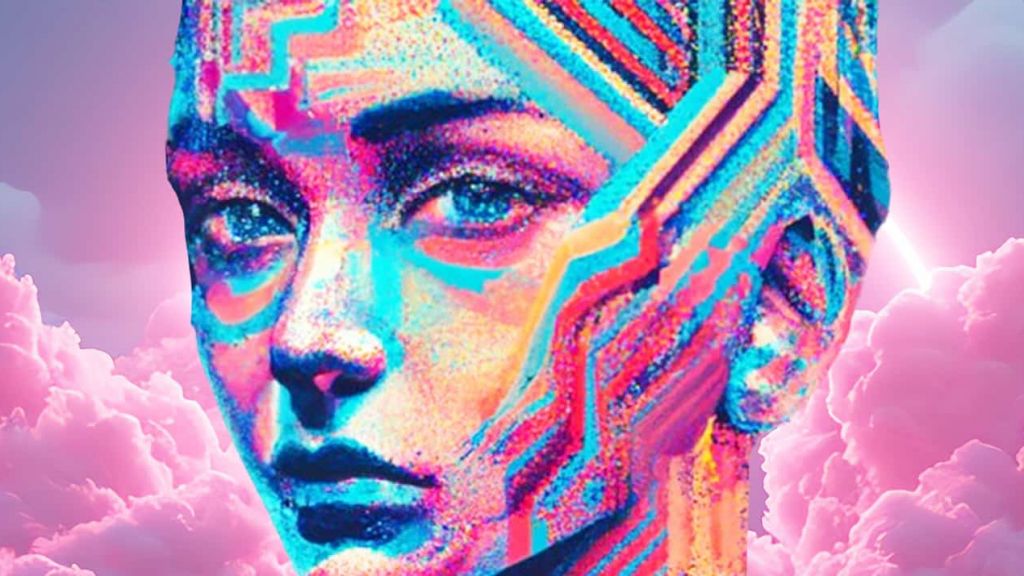 Un visage féminin digital sur fond de nuages roses