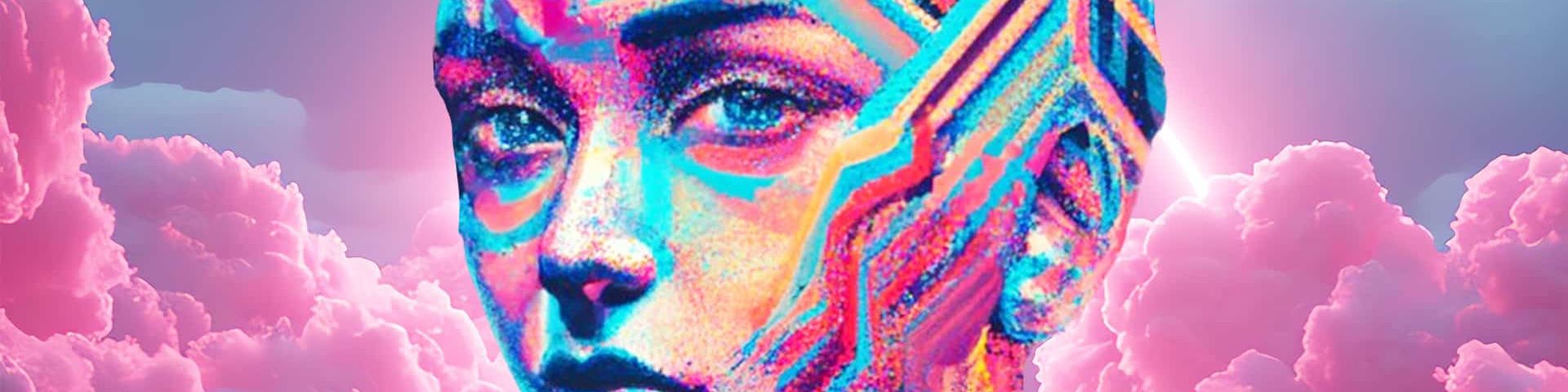 Un visage féminin digital sur fond de nuages roses