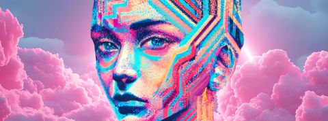 Révolution de l’Intelligence Artificielle… ou simple rêve ? Un visage féminin digital sur fond de nuages roses