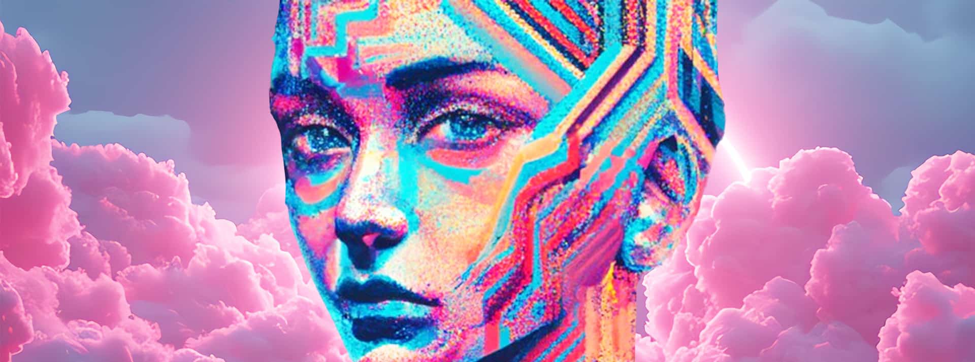 Révolution de l’Intelligence Artificielle… ou simple rêve ? - L'ADN Un visage féminin digital sur fond de nuages roses