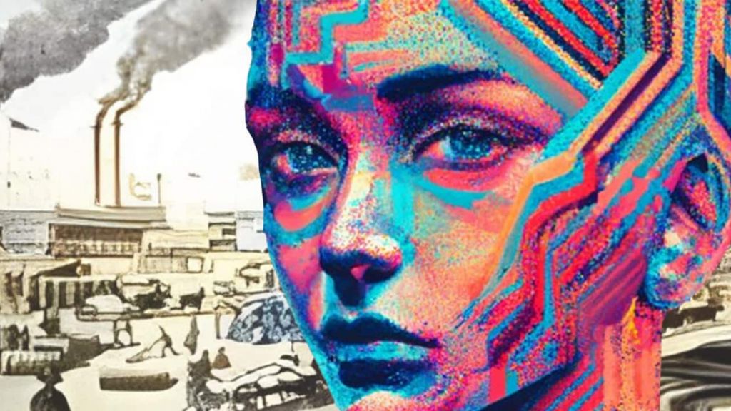 L’intelligence artificielle est-elle soluble en entreprise ?  Un portrait féminin en lignes digitales avec en fond une illustration de la révolution industrielle