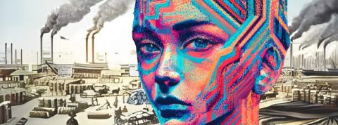 L’intelligence artificielle est-elle soluble en entreprise ? Un portrait féminin en lignes digitales avec en fond une illustration de la révolution industrielle