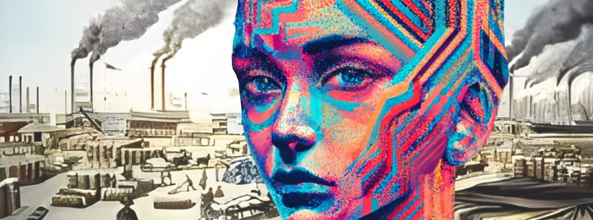 L’intelligence artificielle est-elle soluble en entreprise ? - L'ADN Un portrait féminin en lignes digitales avec en fond une illustration de la révolution industrielle