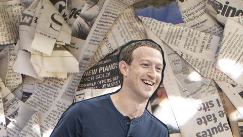 Une image de zukcerberg qui rigole sur une pile de journeaux