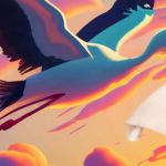 Une cigone avec un baluchon vide dans un ciel orangé