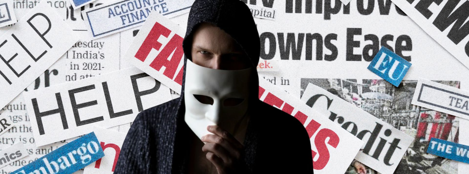 Une étude dépeint une France particulièrement vulnérable aux fake news - L'ADN Homme avec un masque anonymous devant des coupures de journaux