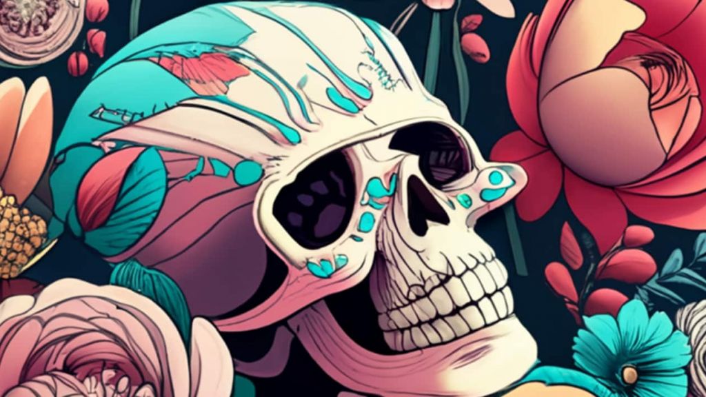 Illustration d'une tête de mort entourée de fleurs, le tout en couleurs
