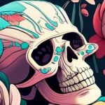 Illustration d'une tête de mort entourée de fleurs, le tout en couleurs