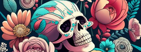 Illustration d'une tête de mort entourée de fleurs, le tout en couleurs