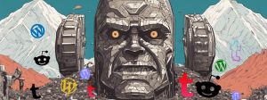 Un robot type Zardoz avec les logos Reddit, tumblr et Wordpress