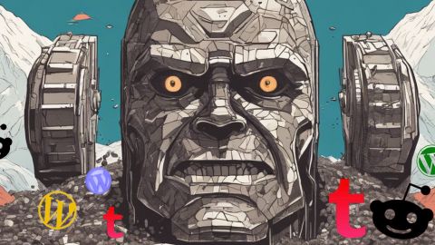Un robot type Zardoz avec les logos Reddit, tumblr et Wordpress