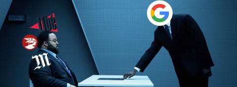 Google va-t-il achever la presse européenne ? Un homme avec le logo Google domine un autre homme assis