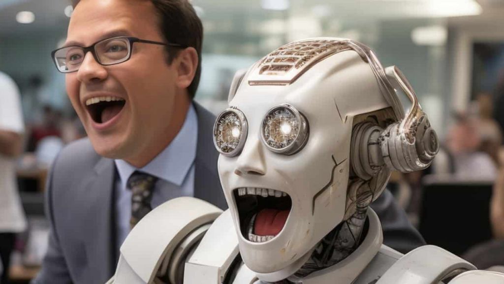 Un employée riant avec un robot dans un bureau