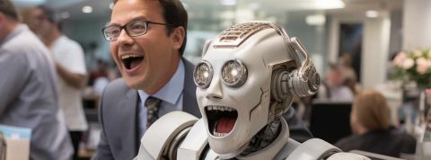 Quelle stratégie adopter pour intégrer de l’IA générative dans son business ? Un employée riant avec un robot dans un bureau