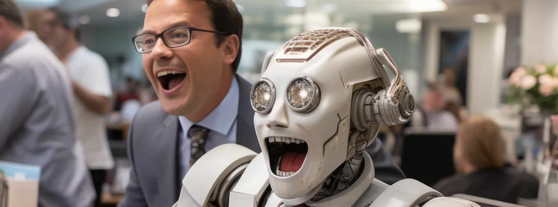 Quelle stratégie adopter pour intégrer de l’IA générative dans son business ? - L'ADN Un employée riant avec un robot dans un bureau