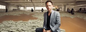 Peter Thiel sur des tonnes de billets dans un hangar avecd es silhouettes mystérieuses