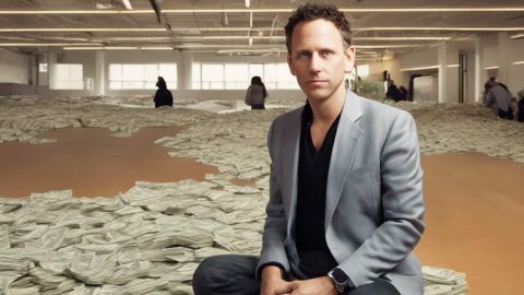 Peter Thiel sur des tonnes de billets dans un hangar avecd es silhouettes mystérieuses