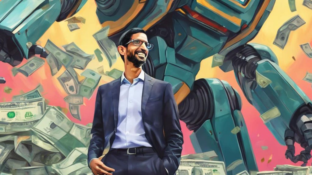 Sundar Pichai, le pdg de Google avec un robot derrière lui.
