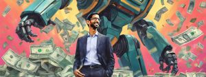 Sundar Pichai, le pdg de Google avec un robot derrière lui.