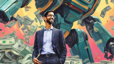 Sundar Pichai, le pdg de Google avec un robot derrière lui.