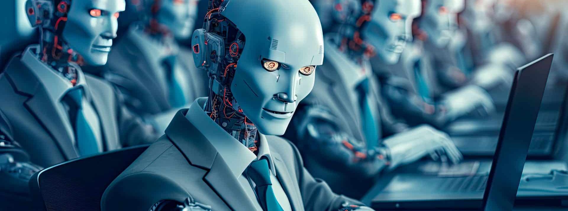 Opportunités et contraintes : comment l'IA impacte l'entreprise - L'ADN Groupe de robots travaillant