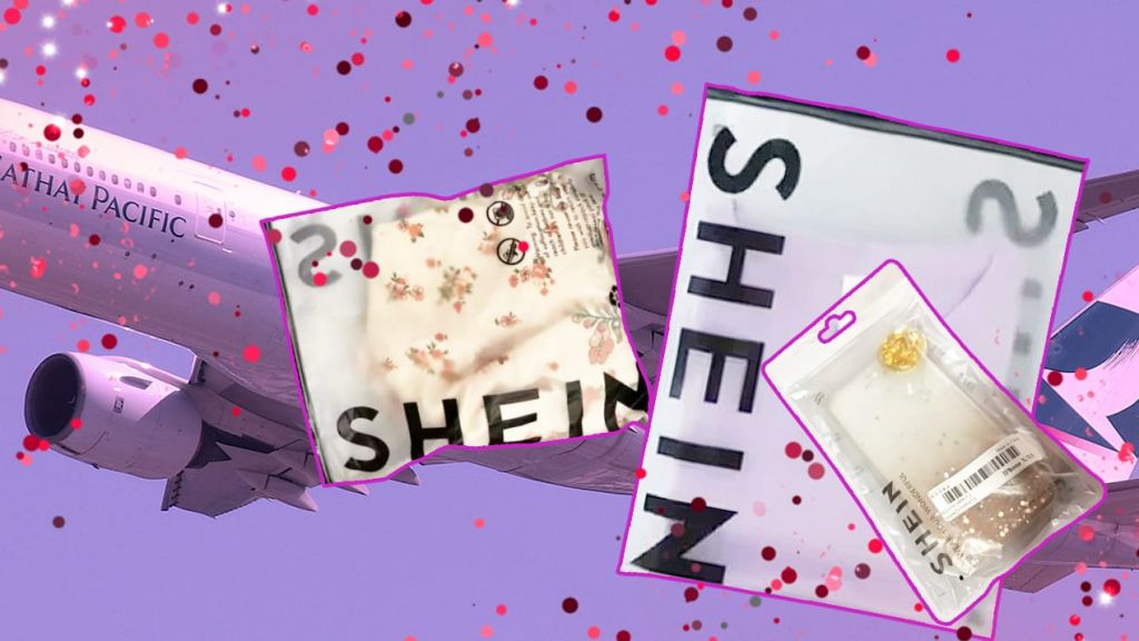 Un Boeig 77 dans le ciel et des colis Shein