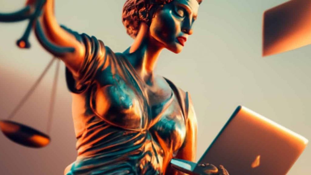 La démocratie peut-t-elle résister à la guerre informationnelle ?  Une statue de la justicde avec un ordi qui tombe