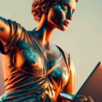 Une statue de la justicde avec un ordi qui tombe