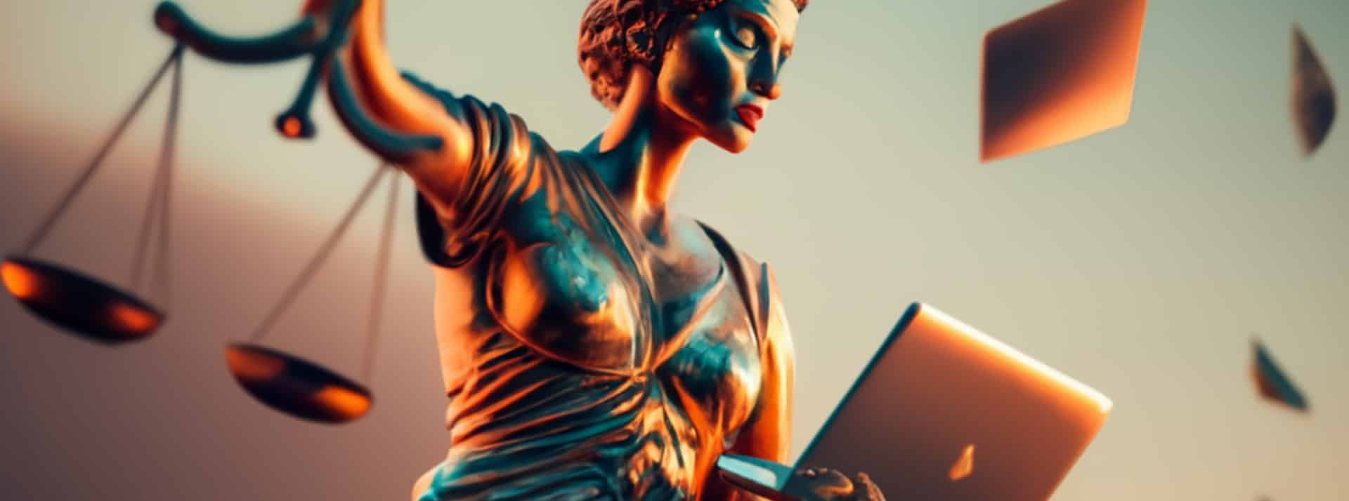 La démocratie peut-t-elle résister à la guerre informationnelle ? - L'ADN Une statue de la justicde avec un ordi qui tombe