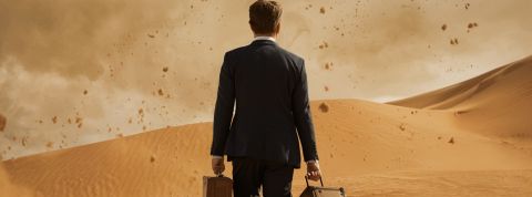 Solidaires ou déserteurs ? Les assureurs à l'heure des choix de société Un homme en costume de dos avec sa valise dans un désert agité