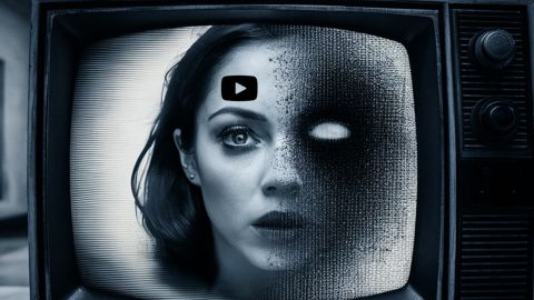 Une femme dans un écran de TV à laquelle il manque un oeil et loe logo YouTube