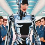 Illustration d'un robot féminin etouré d'hommes en costume dans un bureau