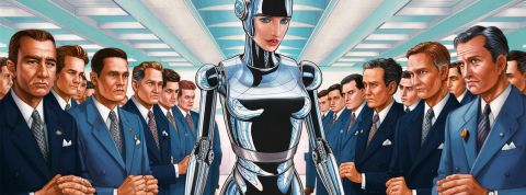 To trust or not to trust artificial intelligence ? Telle est la question Illustration d'un robot féminin etouré d'hommes en costume dans un bureau