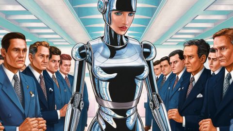 To trust or not to trust artificial intelligence ? Telle est la question Illustration d'un robot féminin etouré d'hommes en costume dans un bureau