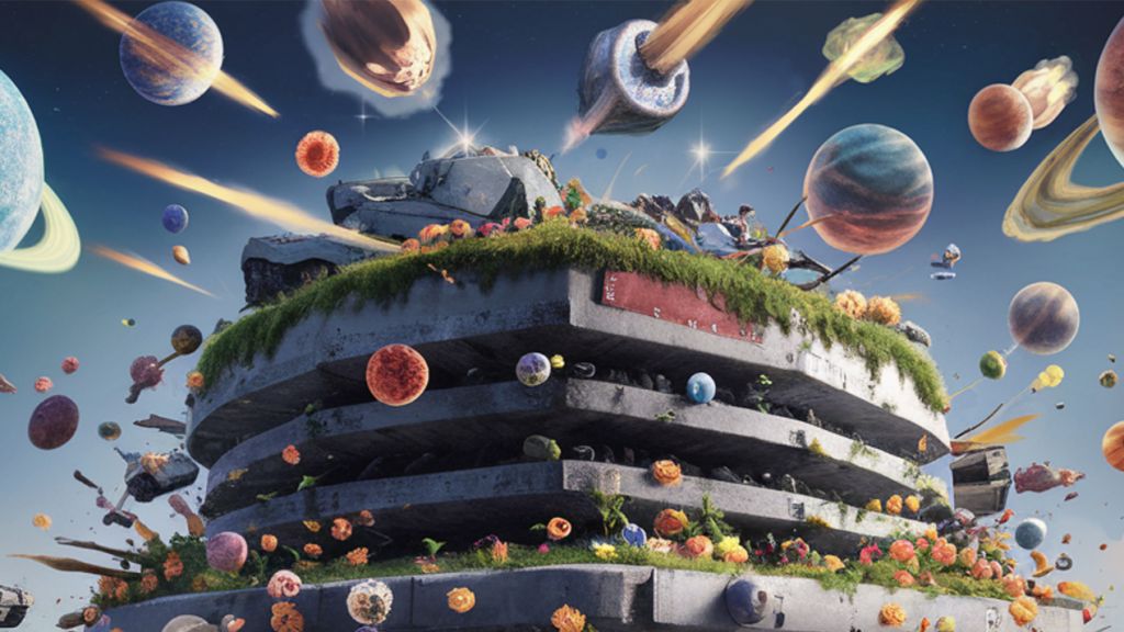 Illustration d'un bunker et des meteorites, des chars d'assaut, des planètes qui tombent du ciel