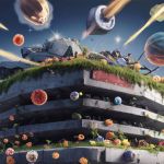 Illustration d'un bunker et des meteorites, des chars d'assaut, des planètes qui tombent du ciel